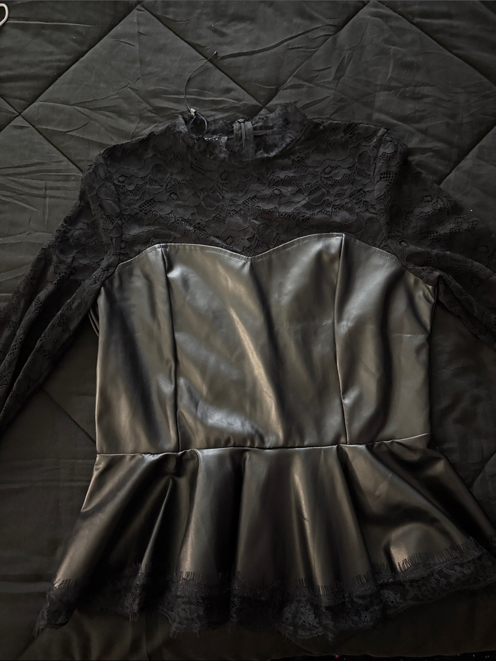 Parisian Works Black Lace & Faux Leather Peplum Top